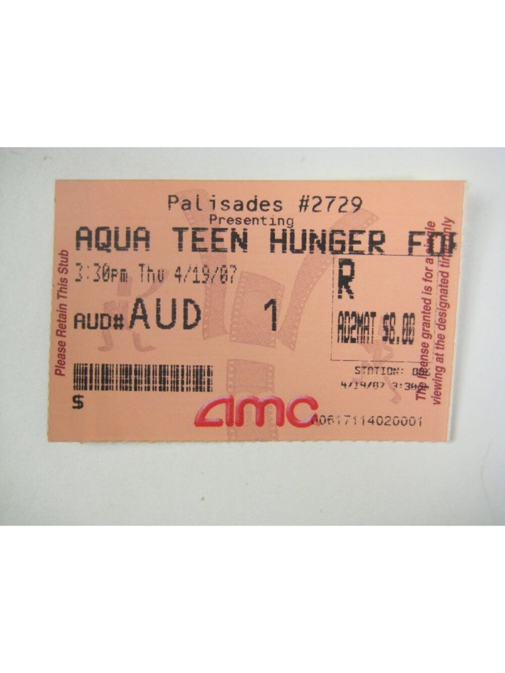 Vintage Aqua Teen Hunger Force Movie Ticket Stub 2007 April 19 AMC Theatres